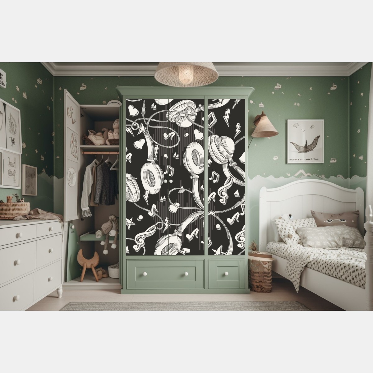 Naklejka na szafę monochromatyczny wzór słuchawek i nut – Wallissimo® Naklejka na szafę monochromatyczny wzór słuchawek i nut – Wallissimo®