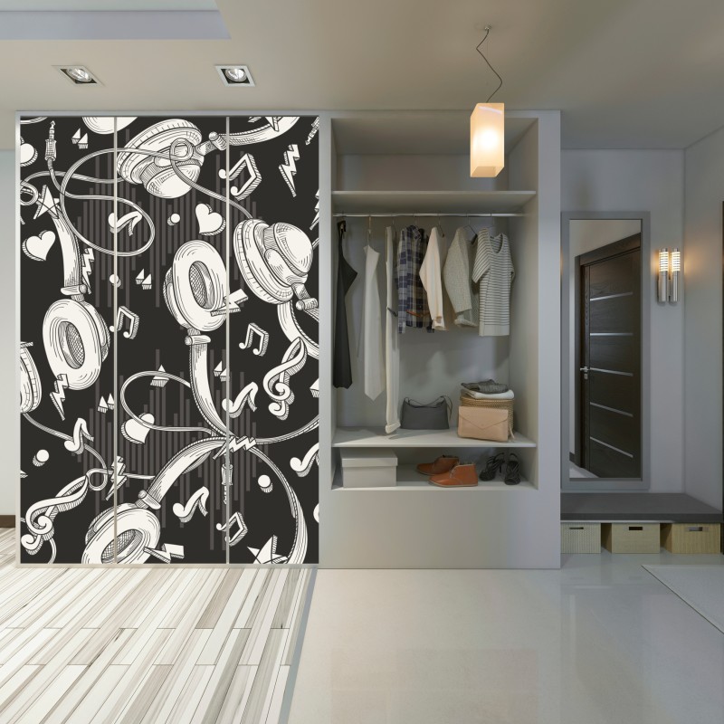 Naklejka na szafę monochromatyczny wzór słuchawek i nut – Wallissimo® Naklejka na szafę monochromatyczny wzór słuchawek i nut – Wallissimo®