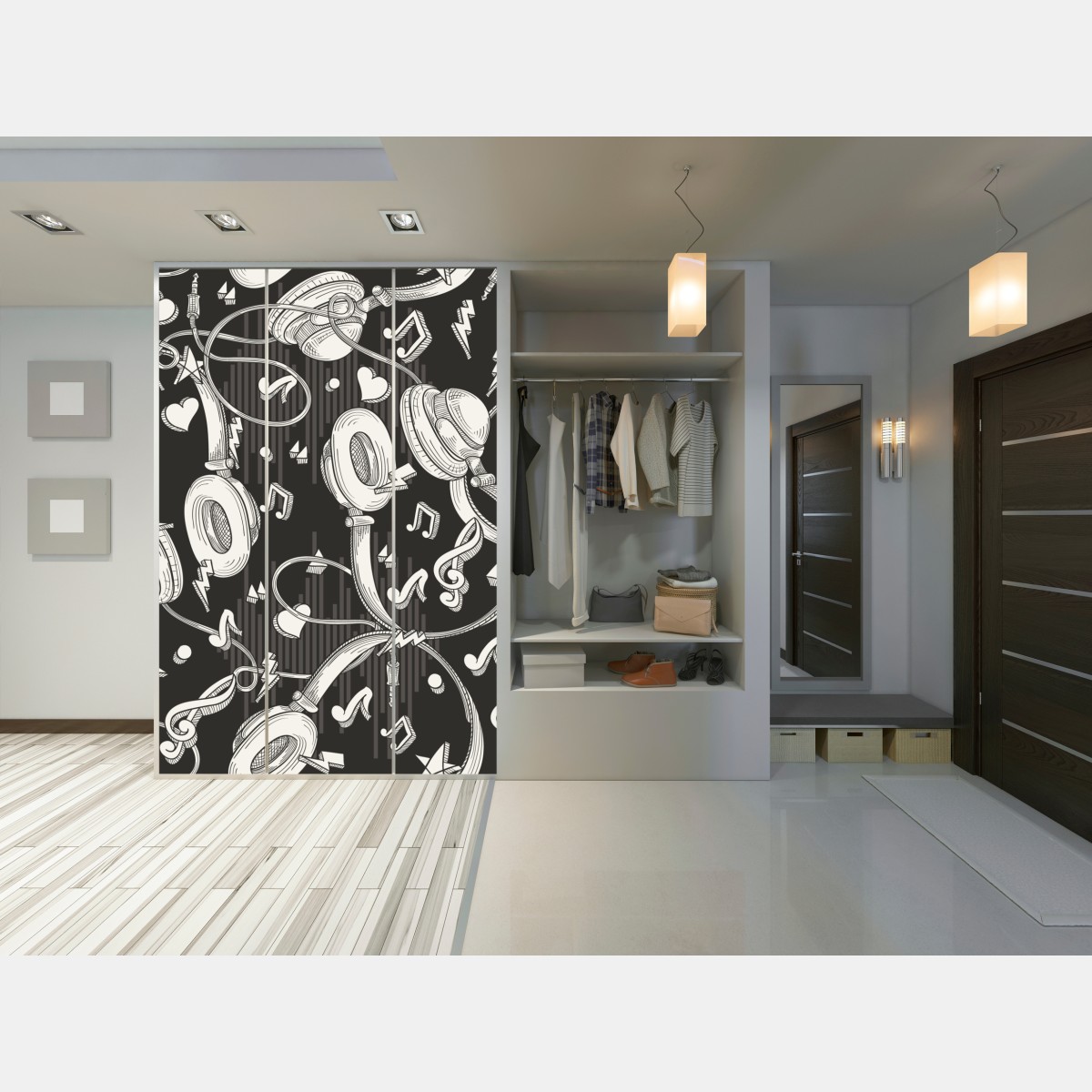 Naklejka na szafę monochromatyczny wzór słuchawek i nut – Wallissimo® Naklejka na szafę monochromatyczny wzór słuchawek i nut – Wallissimo®