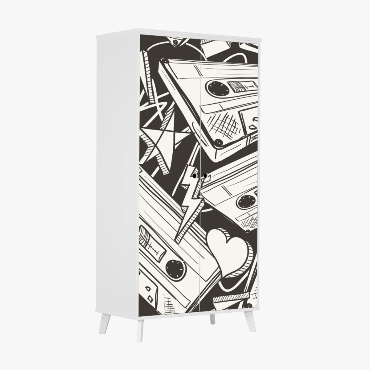 Naklejka na szafę wzór kaset magnetofonowych w stylu retro – Wallissimo® Naklejka na szafę wzór kaset magnetofonowych w stylu retro – Wallissimo®