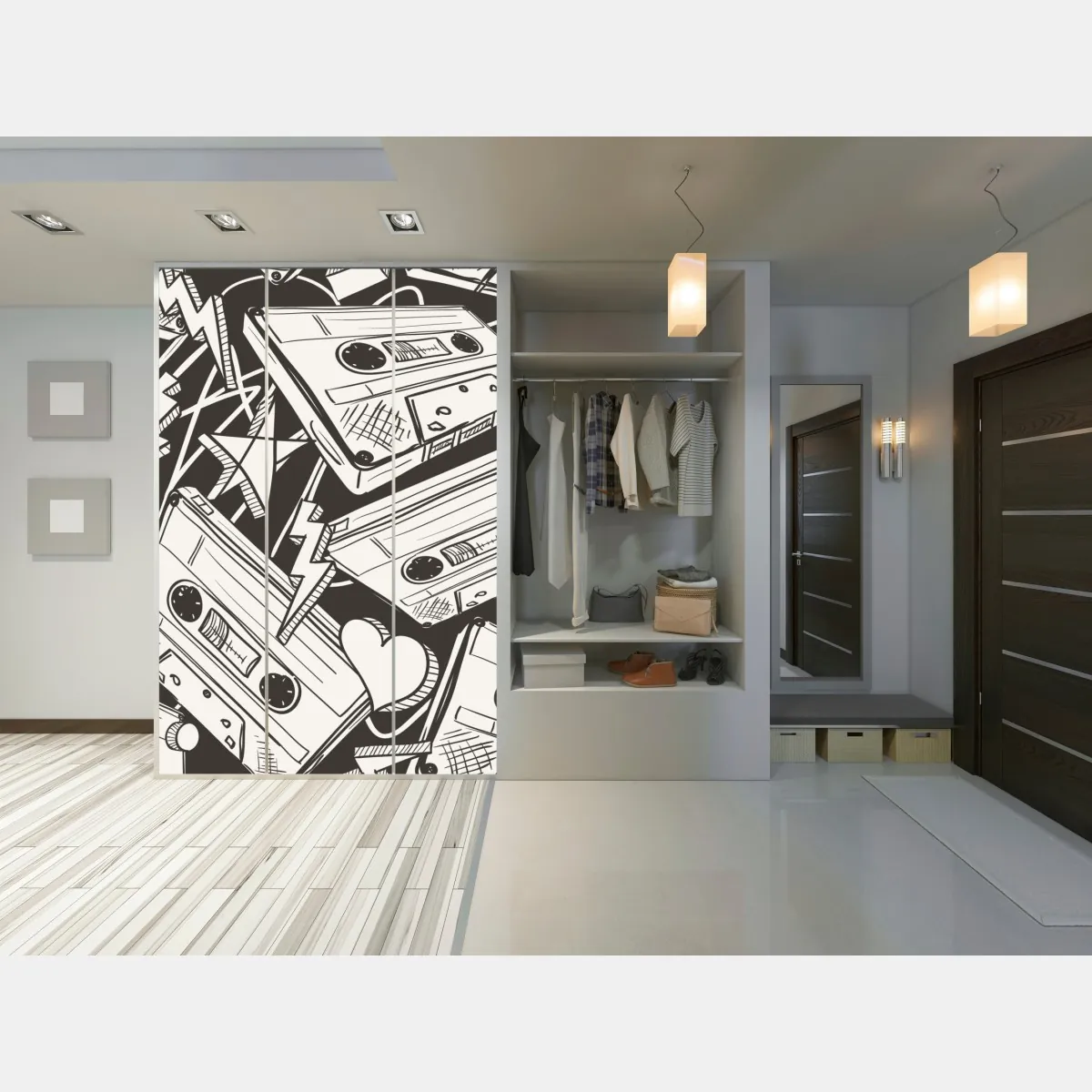 Naklejka na szafę wzór kaset magnetofonowych w stylu retro – Wallissimo® Naklejka na szafę wzór kaset magnetofonowych w stylu retro – Wallissimo®