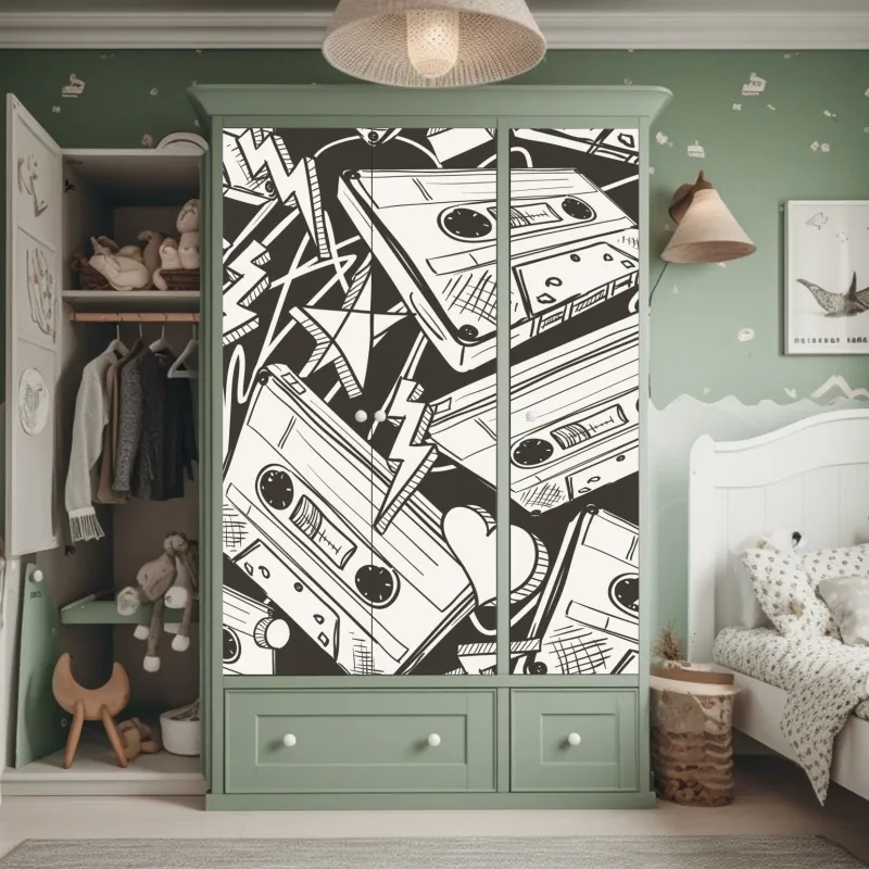 Naklejka na szafę wzór kaset magnetofonowych w stylu retro – Wallissimo® Naklejka na szafę wzór kaset magnetofonowych w stylu retro – Wallissimo®
