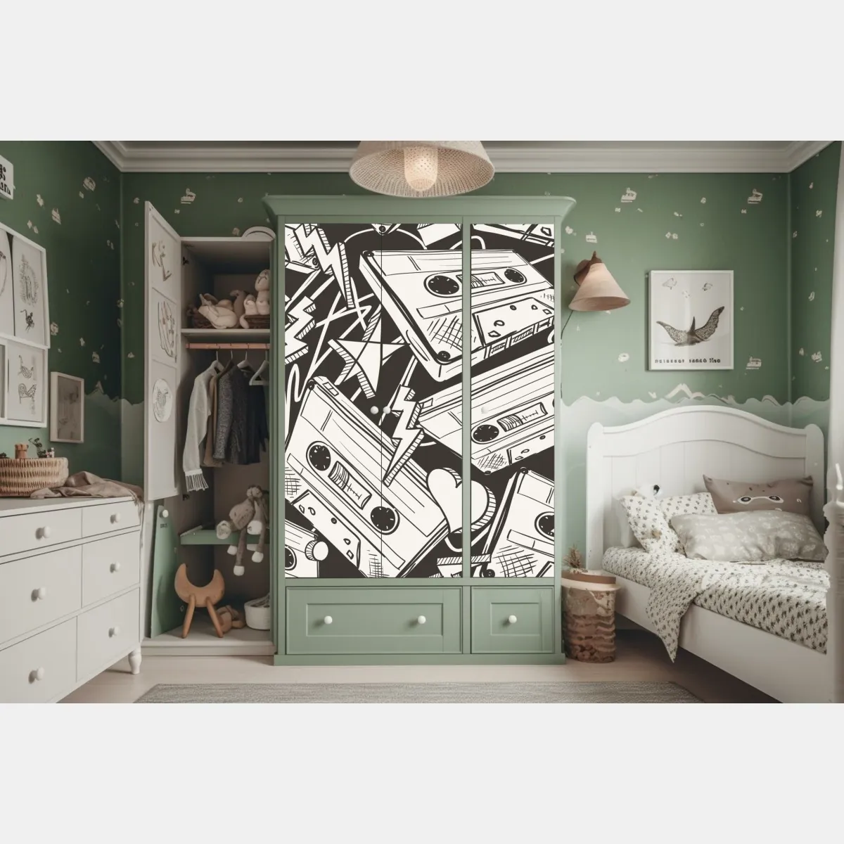 Naklejka na szafę wzór kaset magnetofonowych w stylu retro – Wallissimo® Naklejka na szafę wzór kaset magnetofonowych w stylu retro – Wallissimo®