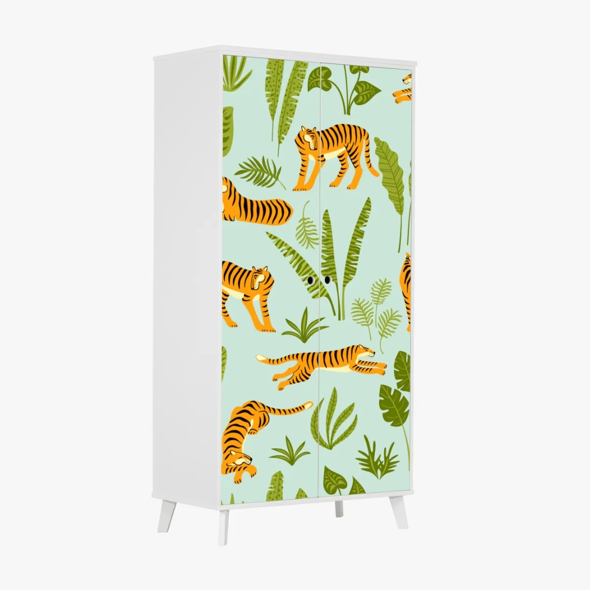Naklejka na szafę egzotyczne tygrysy wśród liści – Wallissimo® Naklejka na szafę egzotyczne tygrysy wśród liści – Wallissimo®