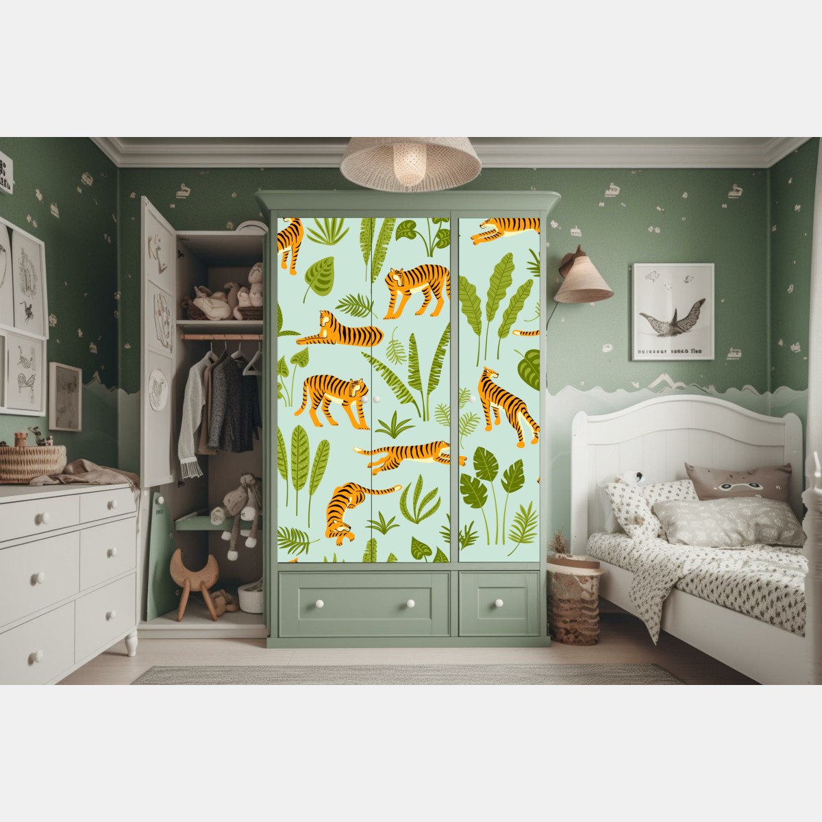 Naklejka na szafę egzotyczne tygrysy wśród liści – Wallissimo® Naklejka na szafę egzotyczne tygrysy wśród liści – Wallissimo®