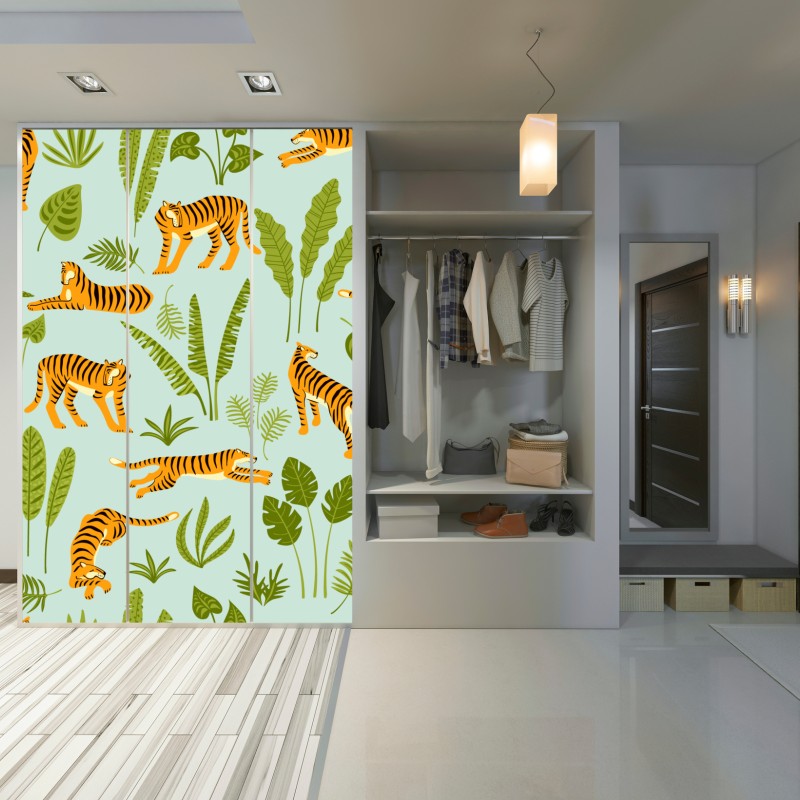 Naklejka na szafę egzotyczne tygrysy wśród liści – Wallissimo® Naklejka na szafę egzotyczne tygrysy wśród liści – Wallissimo®