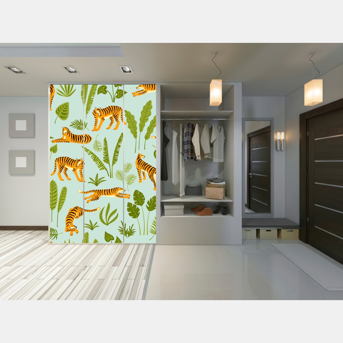 Naklejka na szafę egzotyczne tygrysy wśród liści – Wallissimo® Naklejka na szafę egzotyczne tygrysy wśród liści – Wallissimo®