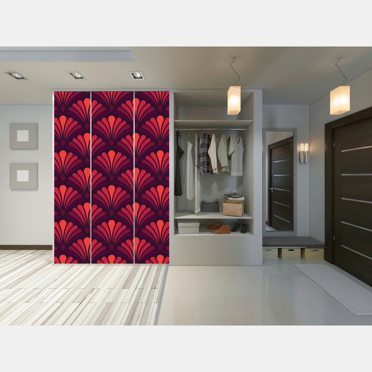 Naklejka na szafę elegancki motyw art deco w odcieniach bordo i koralu – Wallissimo® Naklejka na szafę elegancki motyw art deco w odcieniach bordo i koralu – Wallissimo®