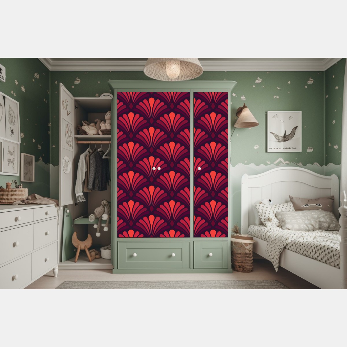 Naklejka na szafę elegancki motyw art deco w odcieniach bordo i koralu – Wallissimo® Naklejka na szafę elegancki motyw art deco w odcieniach bordo i koralu – Wallissimo®