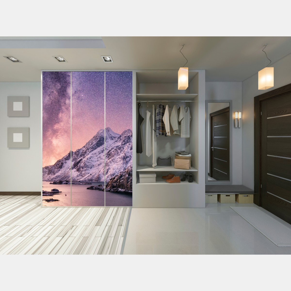 Naklejka na szafę droga mleczna nad ośnieżonymi górami w Norwegii – Wallissimo® Naklejka na szafę droga mleczna nad ośnieżonymi górami w Norwegii – Wallissimo®