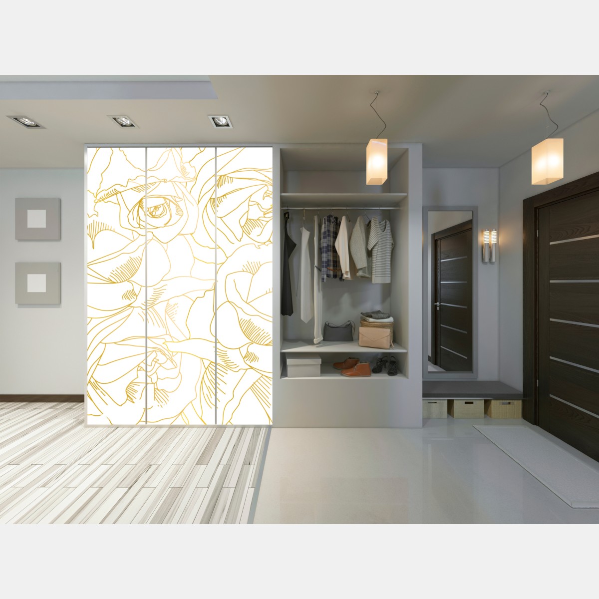 Naklejka na szafę delikatne złote róże — elegancki wzór kwiatowy – Wallissimo® Naklejka na szafę delikatne złote róże — elegancki wzór kwiatowy – Wallissimo®