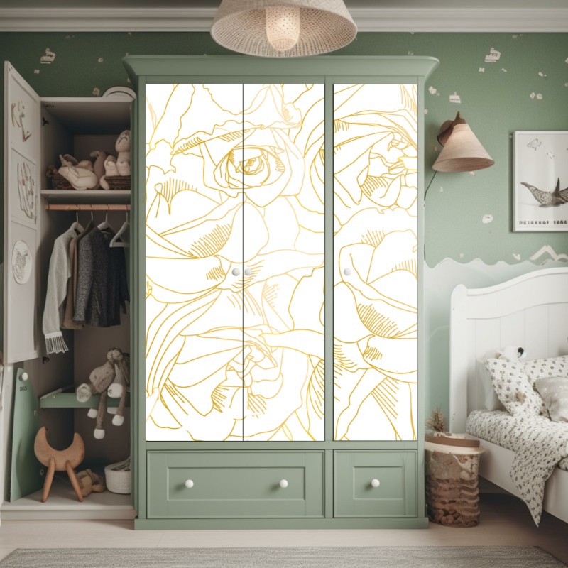 Naklejka na szafę delikatne złote róże — elegancki wzór kwiatowy – Wallissimo® Naklejka na szafę delikatne złote róże — elegancki wzór kwiatowy – Wallissimo®