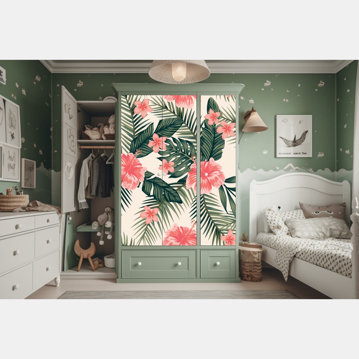 Naklejka na szafę tropikalny wzór hibiskusa – Wallissimo® Naklejka na szafę tropikalny wzór hibiskusa – Wallissimo®