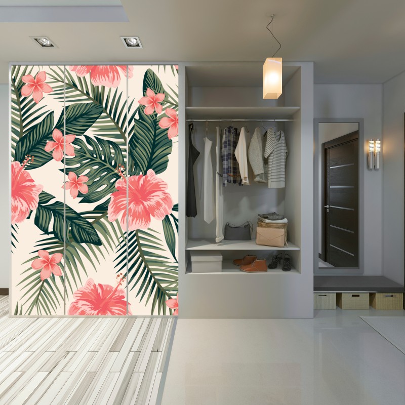 Naklejka na szafę tropikalny wzór hibiskusa – Wallissimo® Naklejka na szafę tropikalny wzór hibiskusa – Wallissimo®