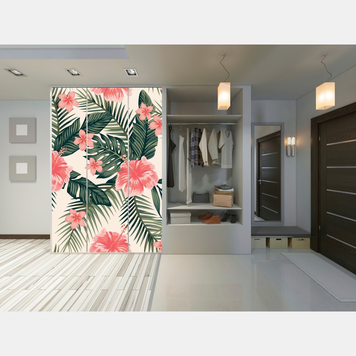 Naklejka na szafę tropikalny wzór hibiskusa – Wallissimo® Naklejka na szafę tropikalny wzór hibiskusa – Wallissimo®