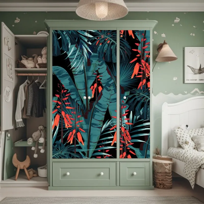 Naklejka na szafę tropikalny turkusowy motyw dżungli – Wallissimo® Naklejka na szafę tropikalny turkusowy motyw dżungli – Wallissimo®