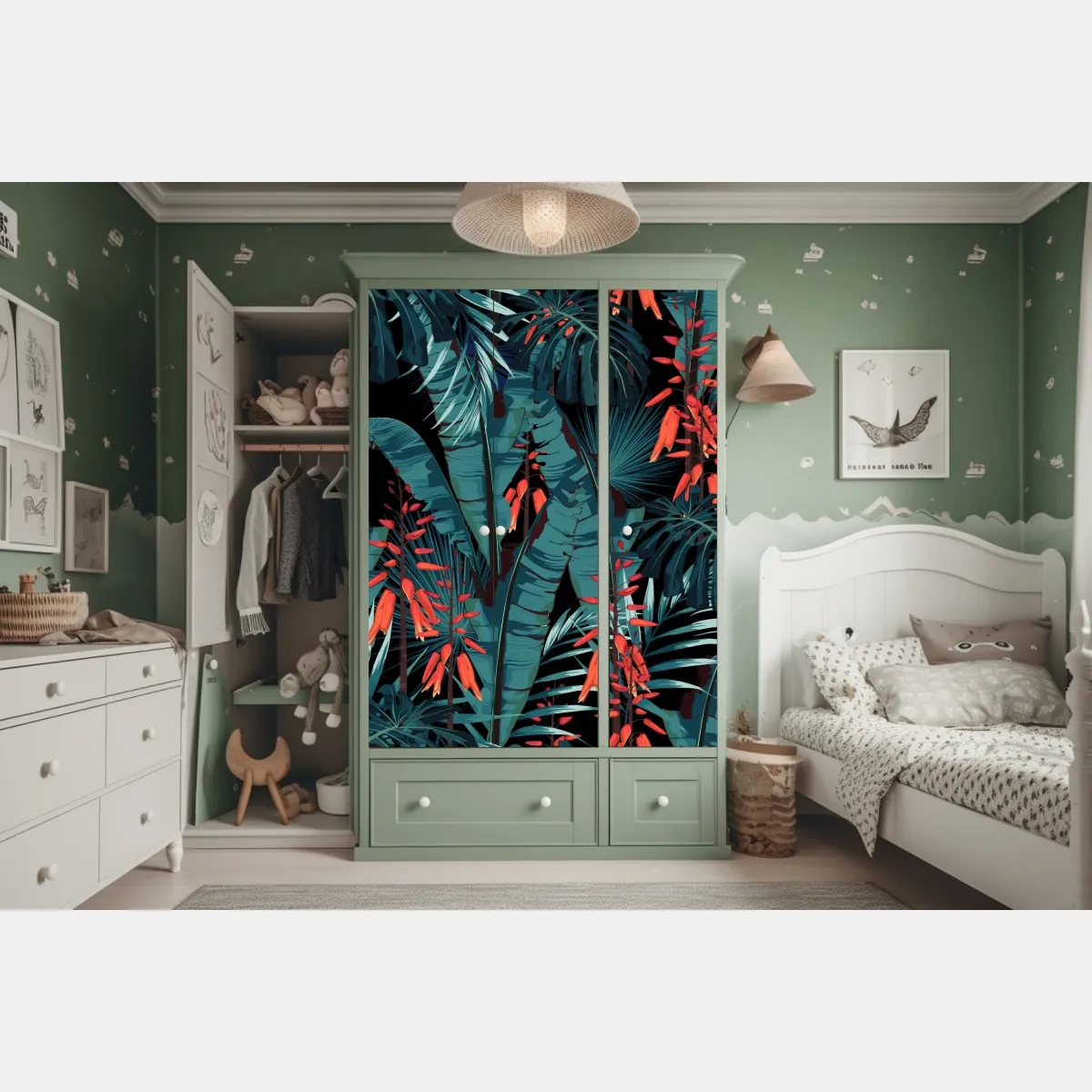 Naklejka na szafę tropikalny turkusowy motyw dżungli – Wallissimo® Naklejka na szafę tropikalny turkusowy motyw dżungli – Wallissimo®