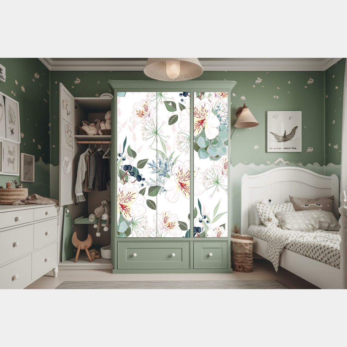 Naklejka na szafę delikatny pastelowy wzór kwiatowy – Wallissimo® Naklejka na szafę delikatny pastelowy wzór kwiatowy – Wallissimo®