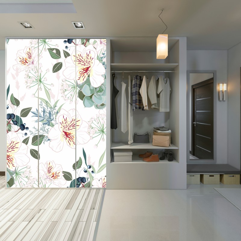 Naklejka na szafę delikatny pastelowy wzór kwiatowy – Wallissimo® Naklejka na szafę delikatny pastelowy wzór kwiatowy – Wallissimo®