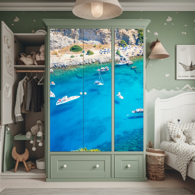 Naklejka na szafę widok z lotu ptaka na zatokę Anthony Quinn, Rodos – Wallissimo® Naklejka na szafę widok z lotu ptaka na zatokę Anthony Quinn, Rodos – Wallissimo®