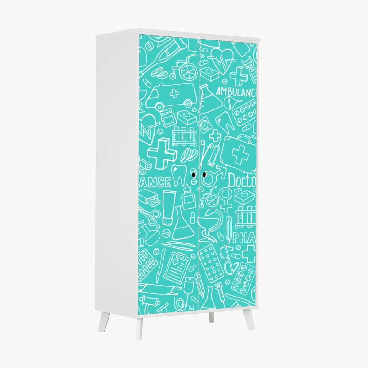 Naklejka na szafę turkusowy wzór z ikonami medycznymi – Wallissimo® Naklejka na szafę turkusowy wzór z ikonami medycznymi – Wallissimo®