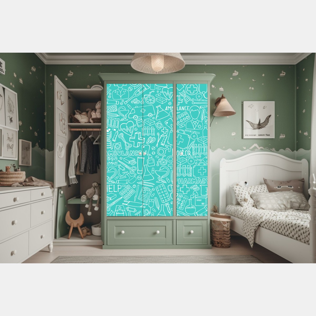 Naklejka na szafę turkusowy wzór z ikonami medycznymi – Wallissimo® Naklejka na szafę turkusowy wzór z ikonami medycznymi – Wallissimo®