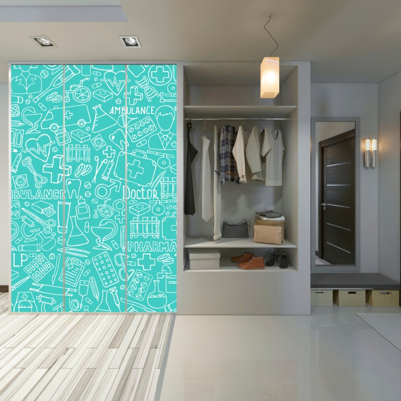 Naklejka na szafę turkusowy wzór z ikonami medycznymi – Wallissimo® Naklejka na szafę turkusowy wzór z ikonami medycznymi – Wallissimo®