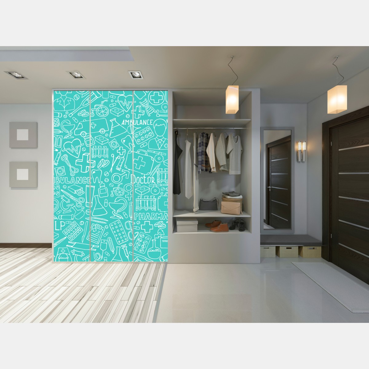 Naklejka na szafę turkusowy wzór z ikonami medycznymi – Wallissimo® Naklejka na szafę turkusowy wzór z ikonami medycznymi – Wallissimo®