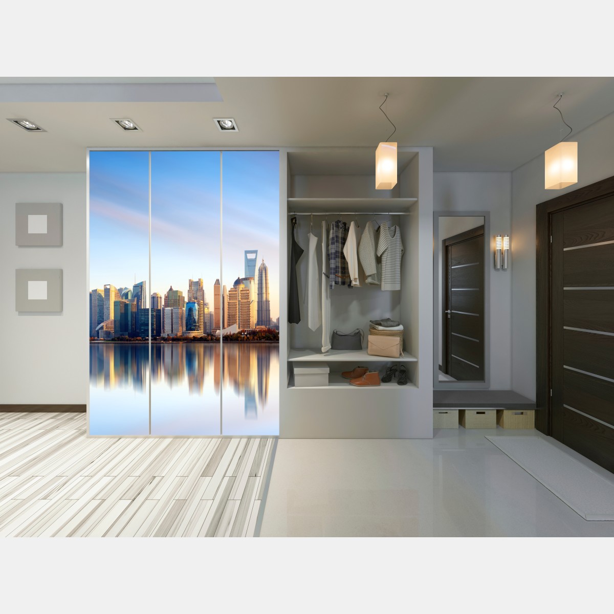 Naklejka na szafę Szanghaj linia horyzontu nad wodą – Wallissimo® Naklejka na szafę Szanghaj linia horyzontu nad wodą – Wallissimo®