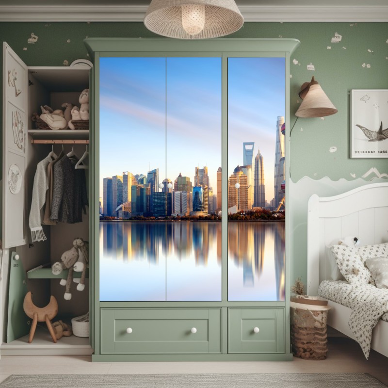 Naklejka na szafę Szanghaj linia horyzontu nad wodą – Wallissimo® Naklejka na szafę Szanghaj linia horyzontu nad wodą – Wallissimo®