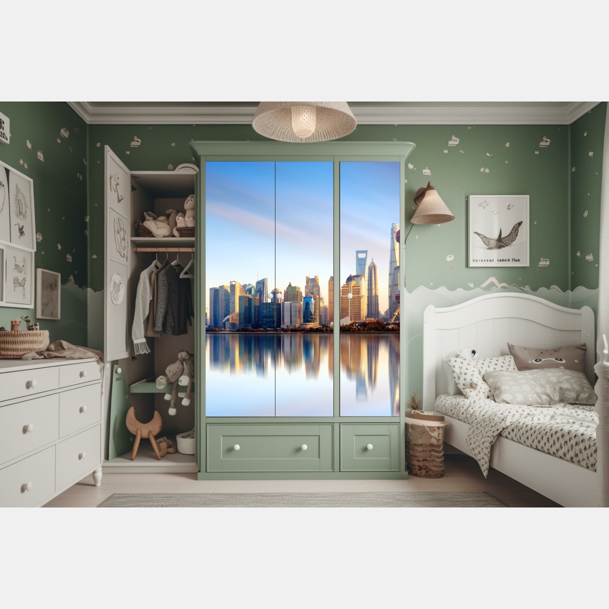 Naklejka na szafę Szanghaj linia horyzontu nad wodą – Wallissimo® Naklejka na szafę Szanghaj linia horyzontu nad wodą – Wallissimo®