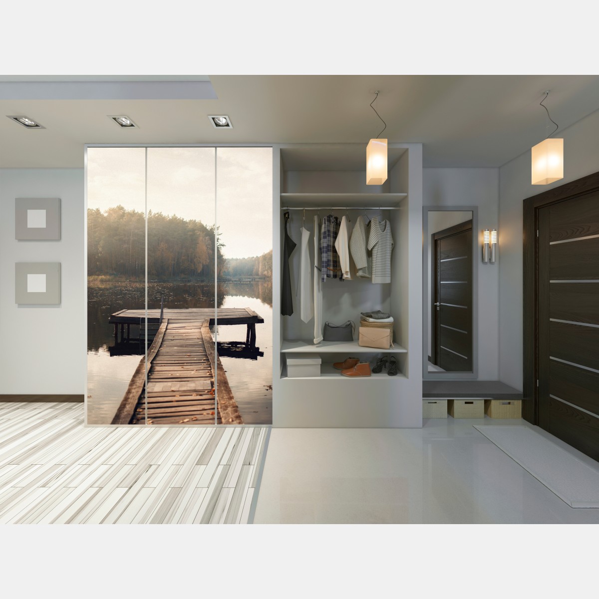 Naklejka na szafę jesienne przedpołudnie nad jeziorem z pomostem – Wallissimo® Naklejka na szafę jesienne przedpołudnie nad jeziorem z pomostem – Wallissimo®