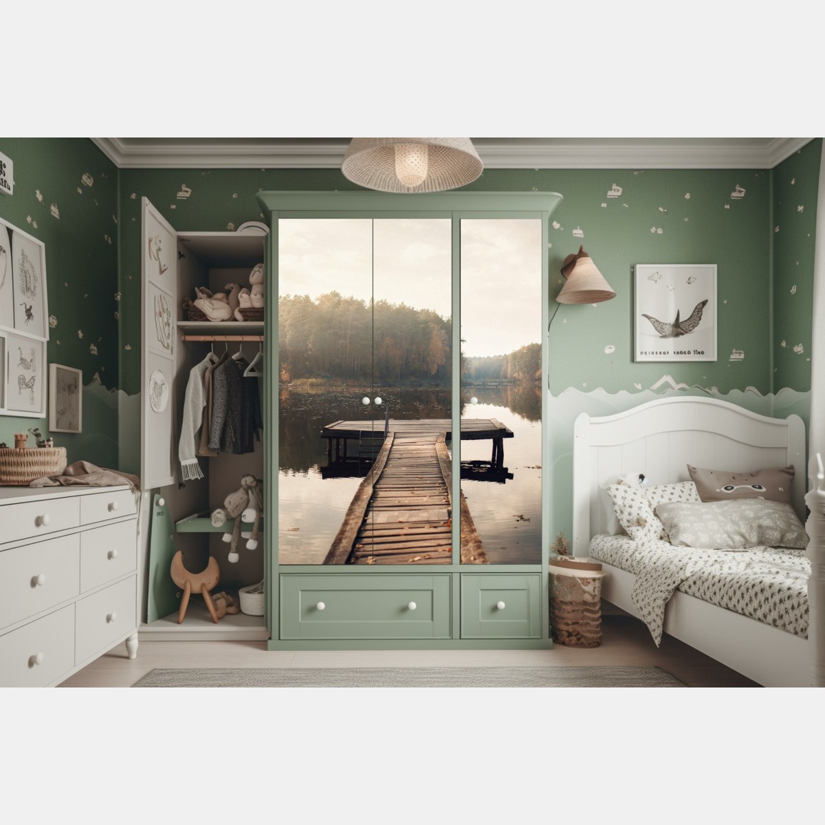 Naklejka na szafę jesienne przedpołudnie nad jeziorem z pomostem – Wallissimo® Naklejka na szafę jesienne przedpołudnie nad jeziorem z pomostem – Wallissimo®