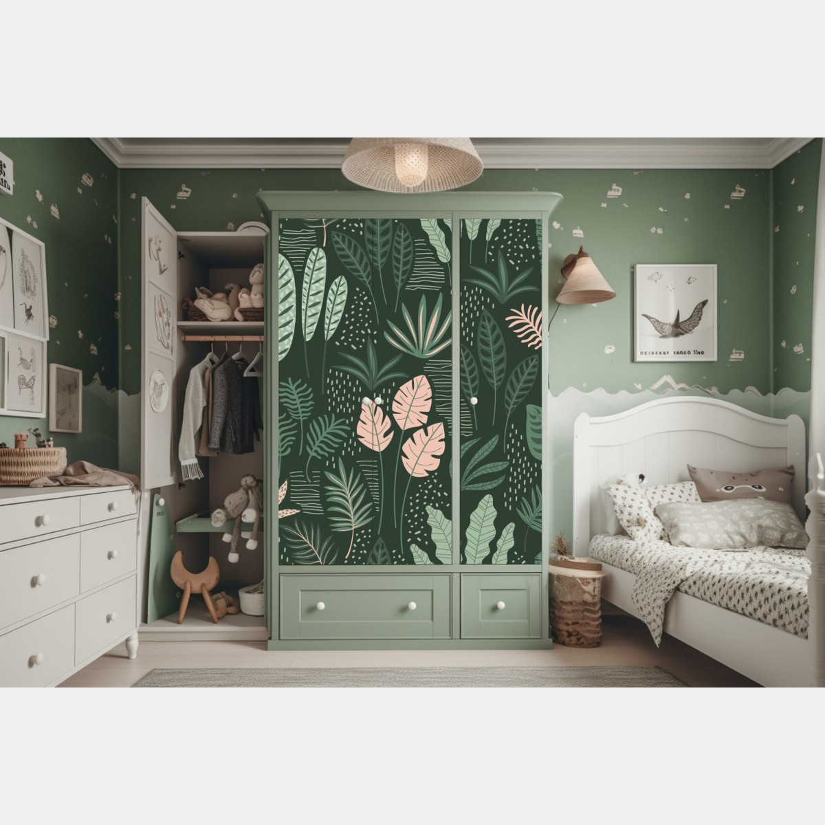 Naklejka na szafę tropikalny wzór liści w stonowanej zieleni i różu – Wallissimo® Naklejka na szafę tropikalny wzór liści w stonowanej zieleni i różu – Wallissimo®
