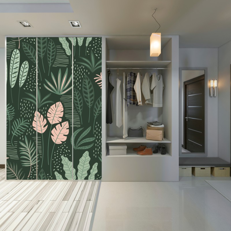 Naklejka na szafę tropikalny wzór liści w stonowanej zieleni i różu – Wallissimo® Naklejka na szafę tropikalny wzór liści w stonowanej zieleni i różu – Wallissimo®