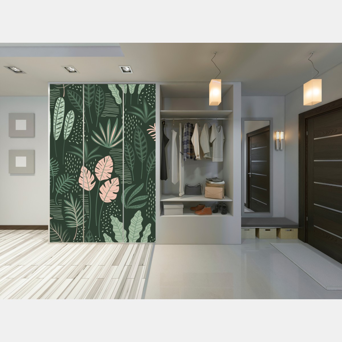 Naklejka na szafę tropikalny wzór liści w stonowanej zieleni i różu – Wallissimo® Naklejka na szafę tropikalny wzór liści w stonowanej zieleni i różu – Wallissimo®