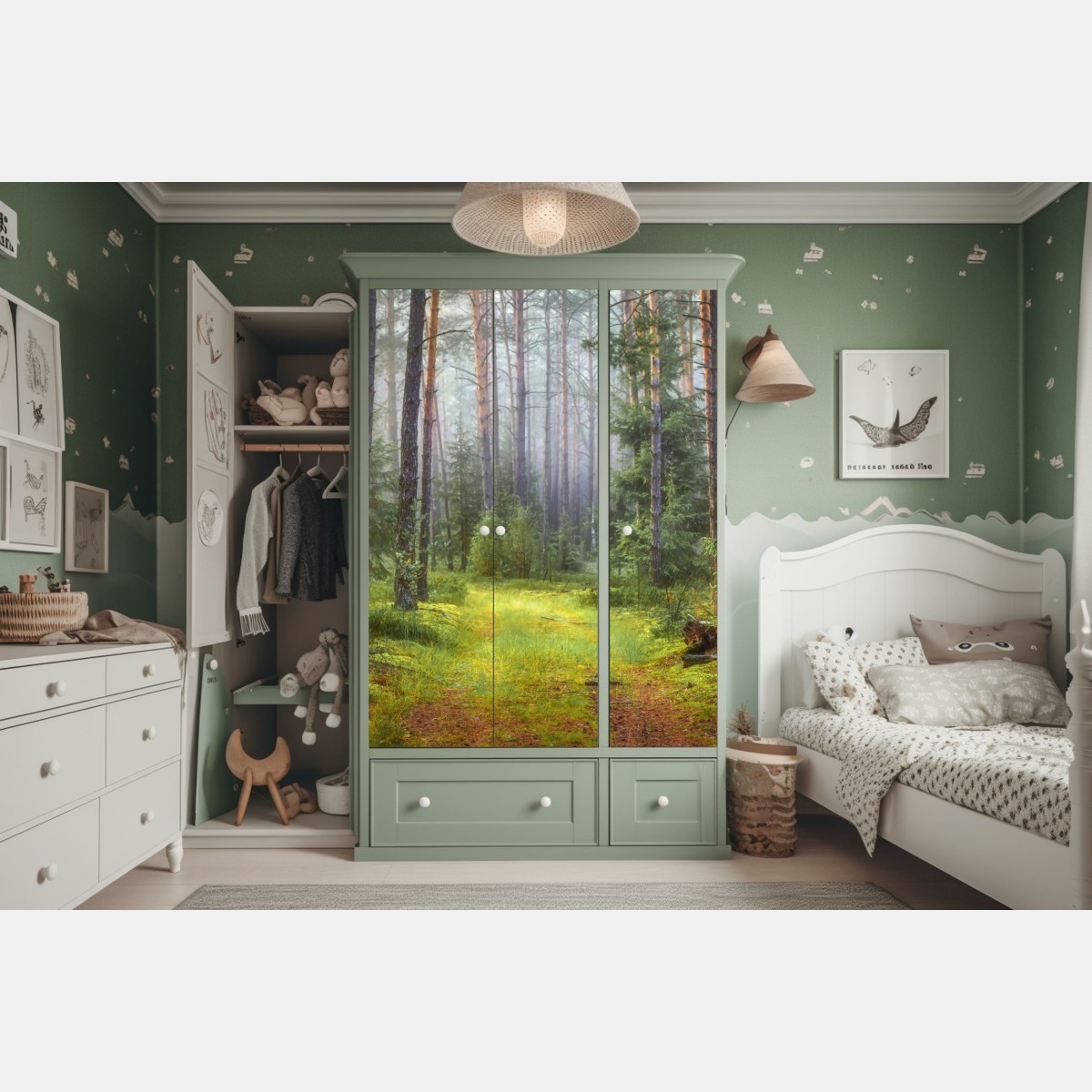 Naklejka na szafę mglisty sosnowy las z ścieżką – Wallissimo® Naklejka na szafę mglisty sosnowy las z ścieżką – Wallissimo®