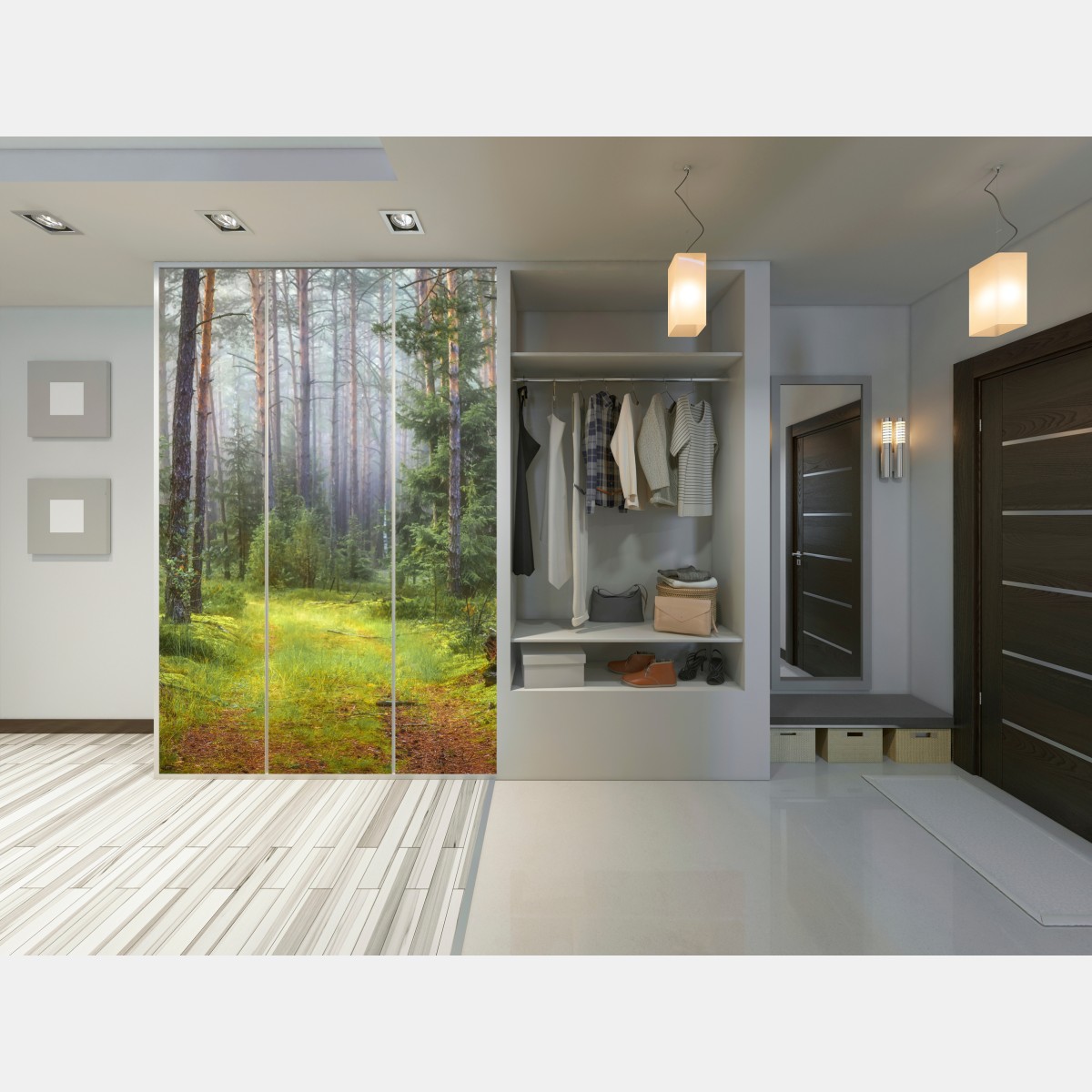 Naklejka na szafę mglisty sosnowy las z ścieżką – Wallissimo® Naklejka na szafę mglisty sosnowy las z ścieżką – Wallissimo®