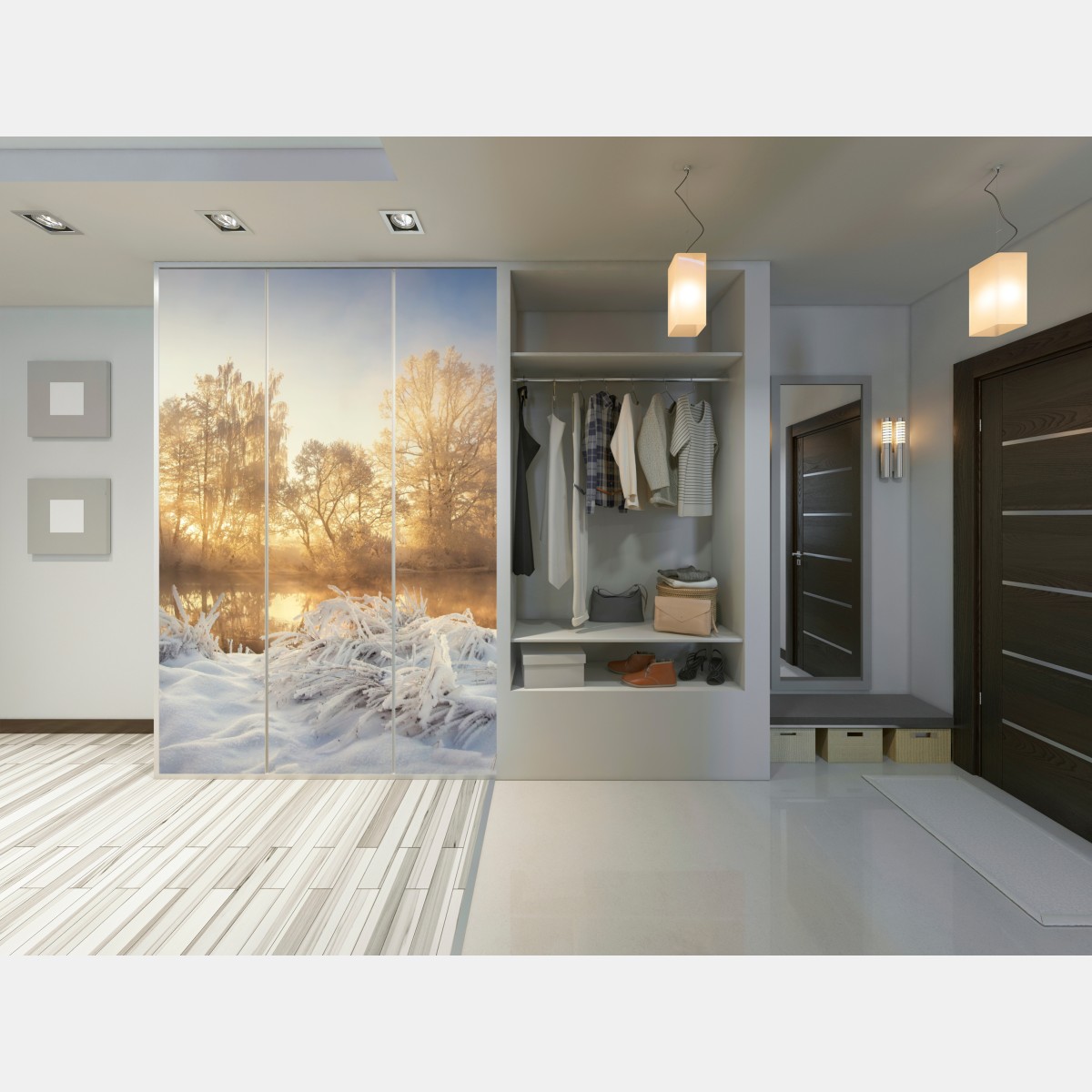 Naklejka na szafę złoty zimowy wschód słońca nad mroźną rzeką – Wallissimo® Naklejka na szafę złoty zimowy wschód słońca nad mroźną rzeką – Wallissimo®