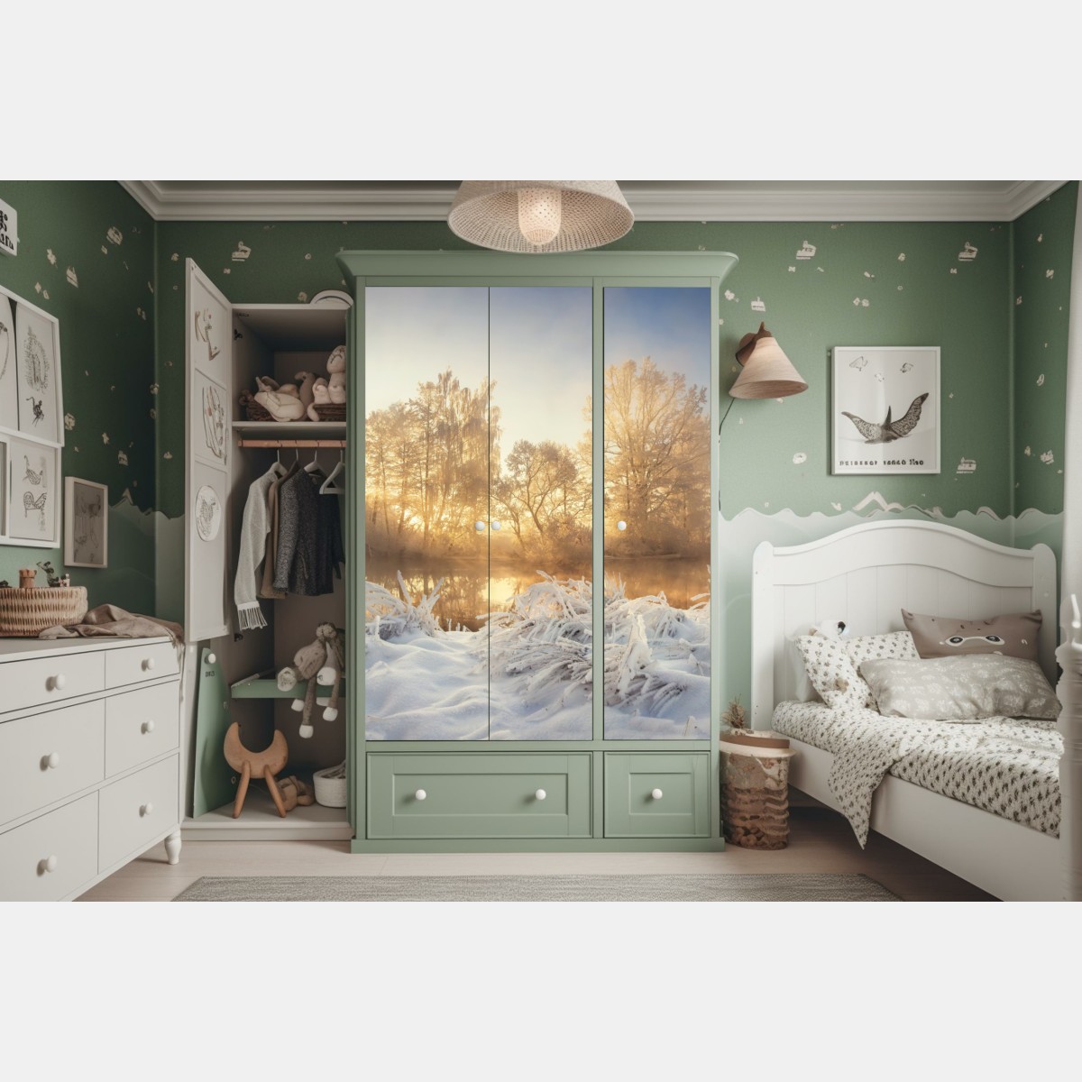 Naklejka na szafę złoty zimowy wschód słońca nad mroźną rzeką – Wallissimo® Naklejka na szafę złoty zimowy wschód słońca nad mroźną rzeką – Wallissimo®