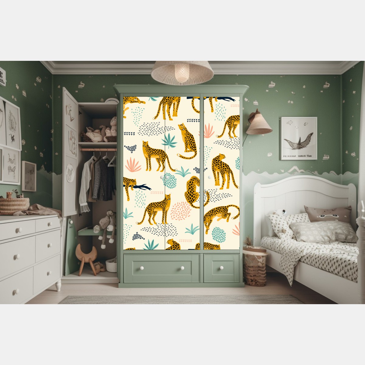 Naklejka na szafę wzór z gepardami w pastelowych tonach – Wallissimo® Naklejka na szafę wzór z gepardami w pastelowych tonach – Wallissimo®