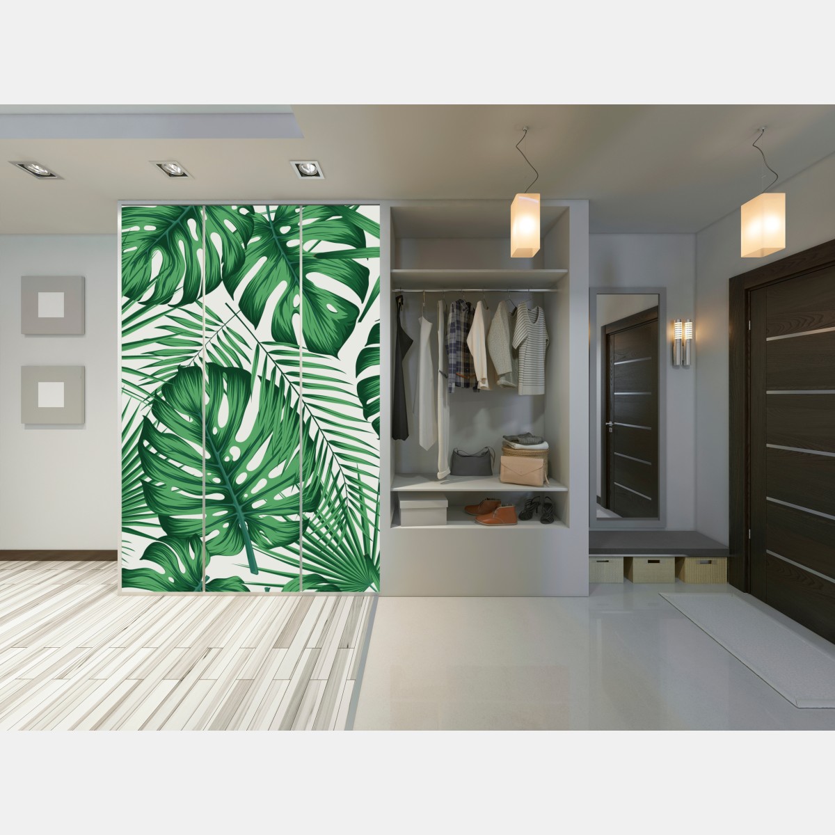 Naklejka na szafę tropikalny wzór liści monstery i palm – Wallissimo® Naklejka na szafę tropikalny wzór liści monstery i palm – Wallissimo®