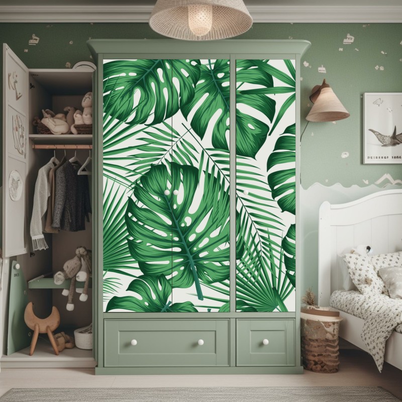 Naklejka na szafę tropikalny wzór liści monstery i palm – Wallissimo® Naklejka na szafę tropikalny wzór liści monstery i palm – Wallissimo®