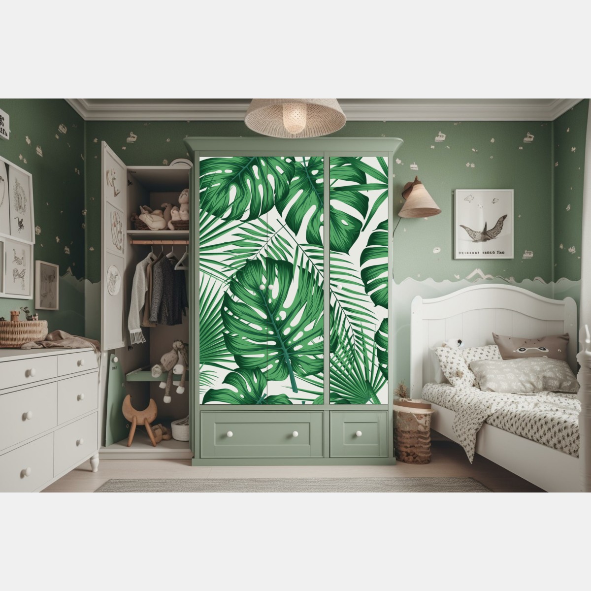 Naklejka na szafę tropikalny wzór liści monstery i palm – Wallissimo® Naklejka na szafę tropikalny wzór liści monstery i palm – Wallissimo®