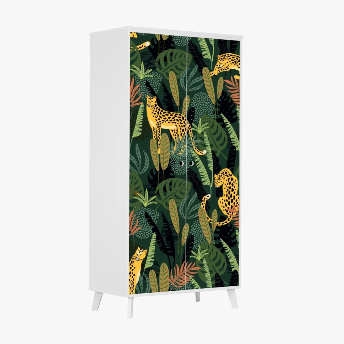 Naklejka na szafę tropikalny wzór z lampartami – Wallissimo® Naklejka na szafę tropikalny wzór z lampartami – Wallissimo®