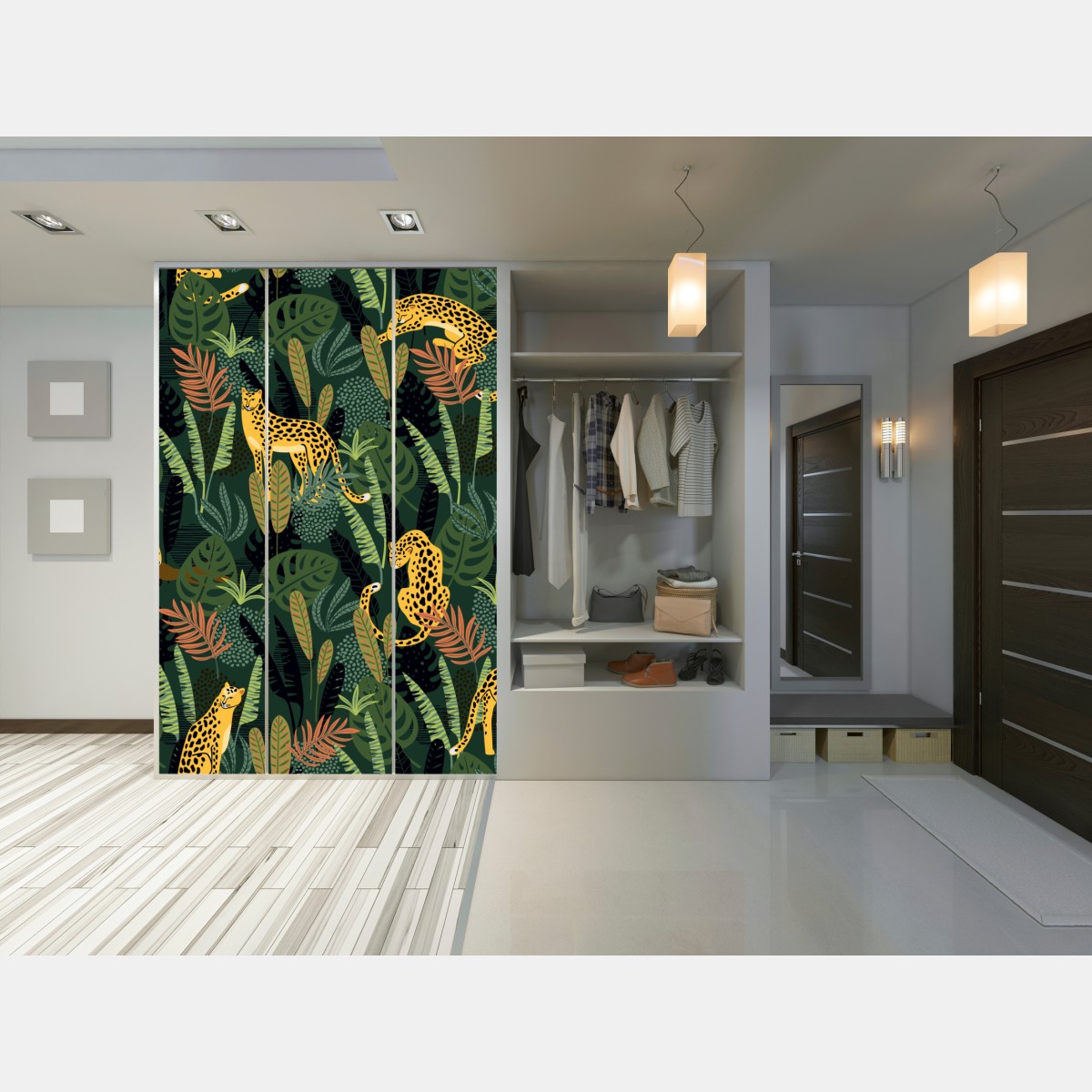 Naklejka na szafę tropikalny wzór z lampartami – Wallissimo® Naklejka na szafę tropikalny wzór z lampartami – Wallissimo®