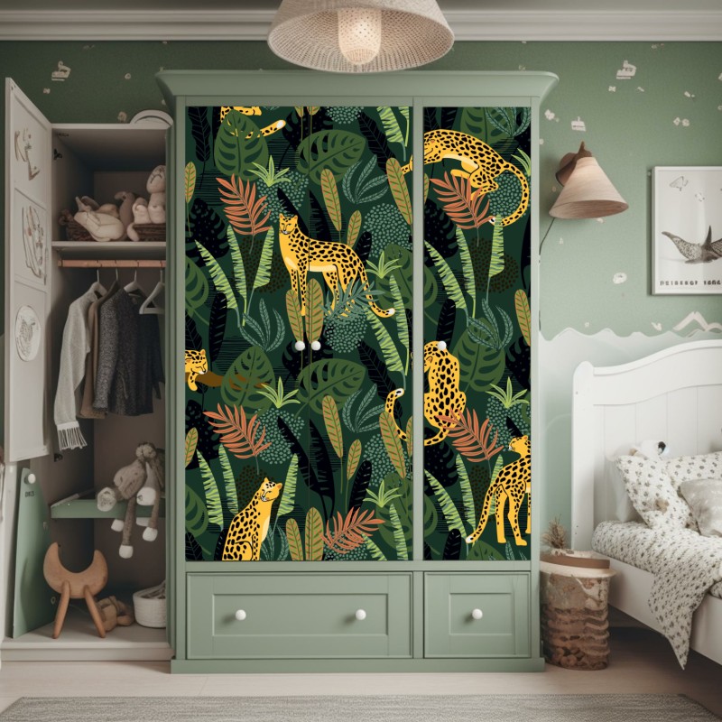 Naklejka na szafę tropikalny wzór z lampartami – Wallissimo® Naklejka na szafę tropikalny wzór z lampartami – Wallissimo®