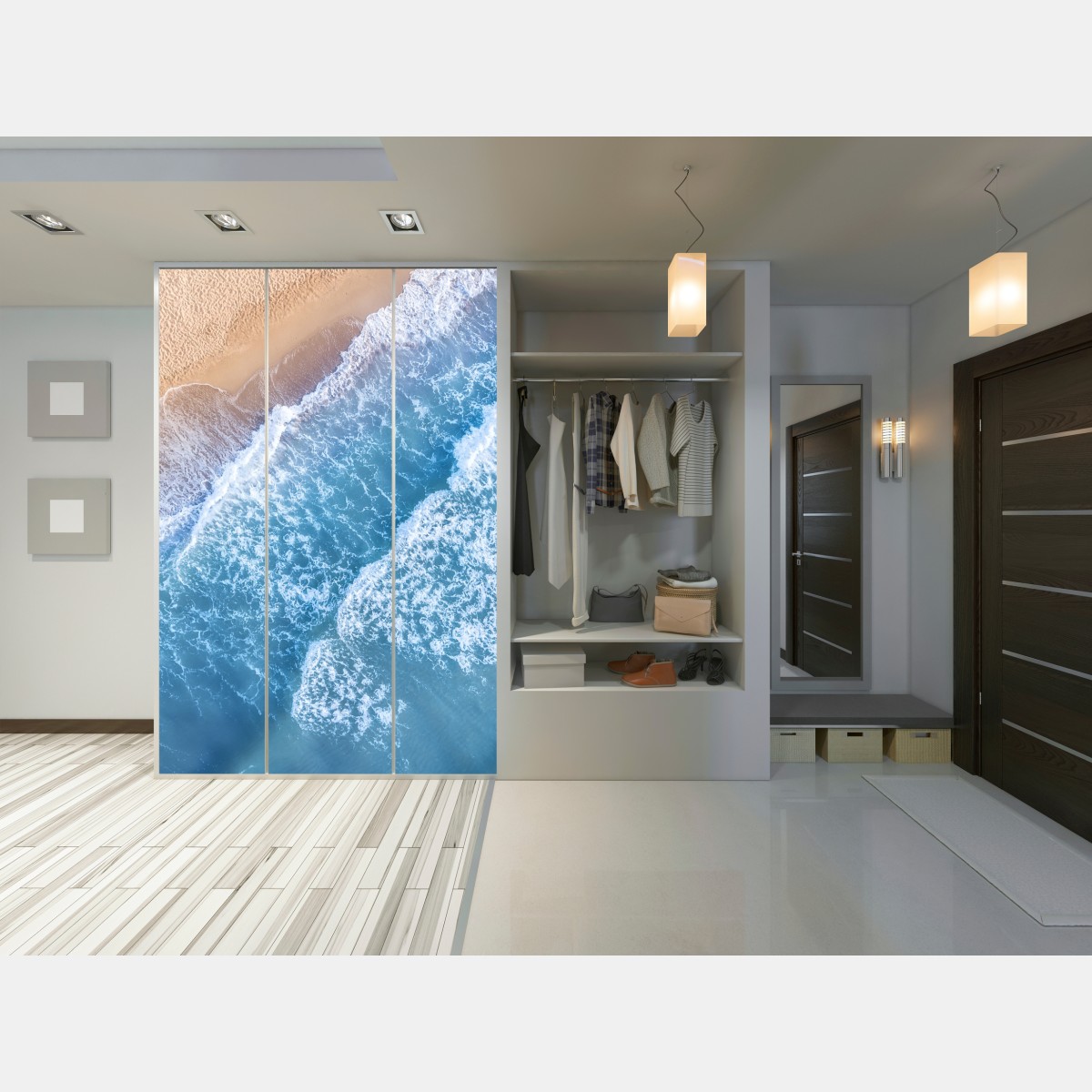 Naklejka na szafę widok z lotu ptaka na turkusowe fale i piaszczystą plażę – Wallissimo® Naklejka na szafę widok z lotu ptaka na turkusowe fale i piaszczystą plażę – Wallissimo®