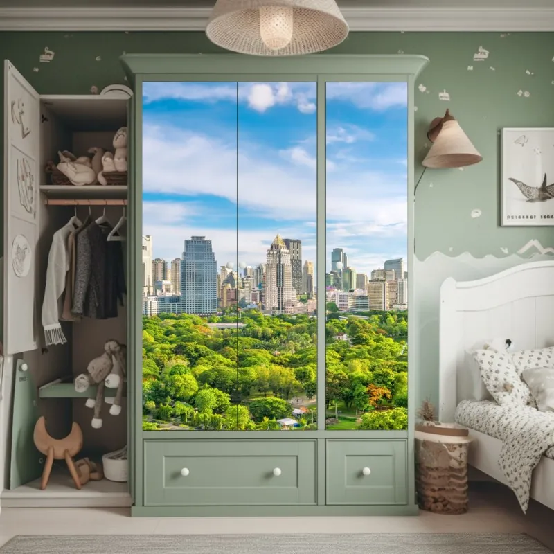 Naklejka na szafę słoneczna panorama Bangkoku nad parkiem Lumpini – Wallissimo® Naklejka na szafę słoneczna panorama Bangkoku nad parkiem Lumpini – Wallissimo®