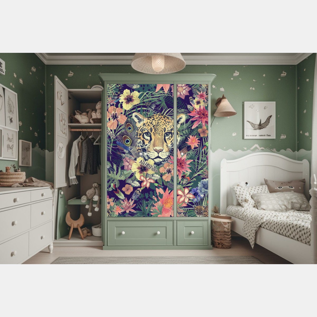 Naklejka na szafę vintage akwarelowy lampart w tropikalnych liściach – Wallissimo® Naklejka na szafę vintage akwarelowy lampart w tropikalnych liściach – Wallissimo®